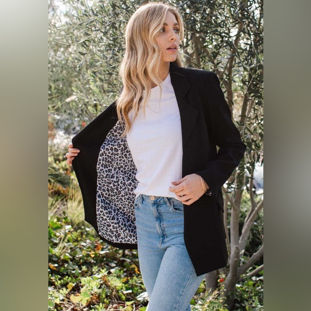 Black blazer with leopard print lining on the inside.